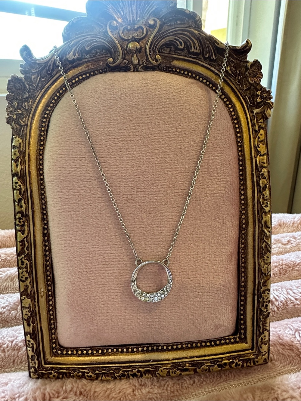 Alexis Bittar Silver Open Circle Pendant Necklace with Crystal Accents